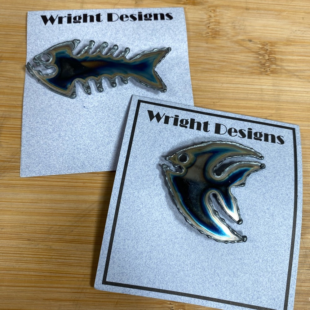 2 NWT metal art chrome steel fish brooches bonefish angelfish Wright Designs